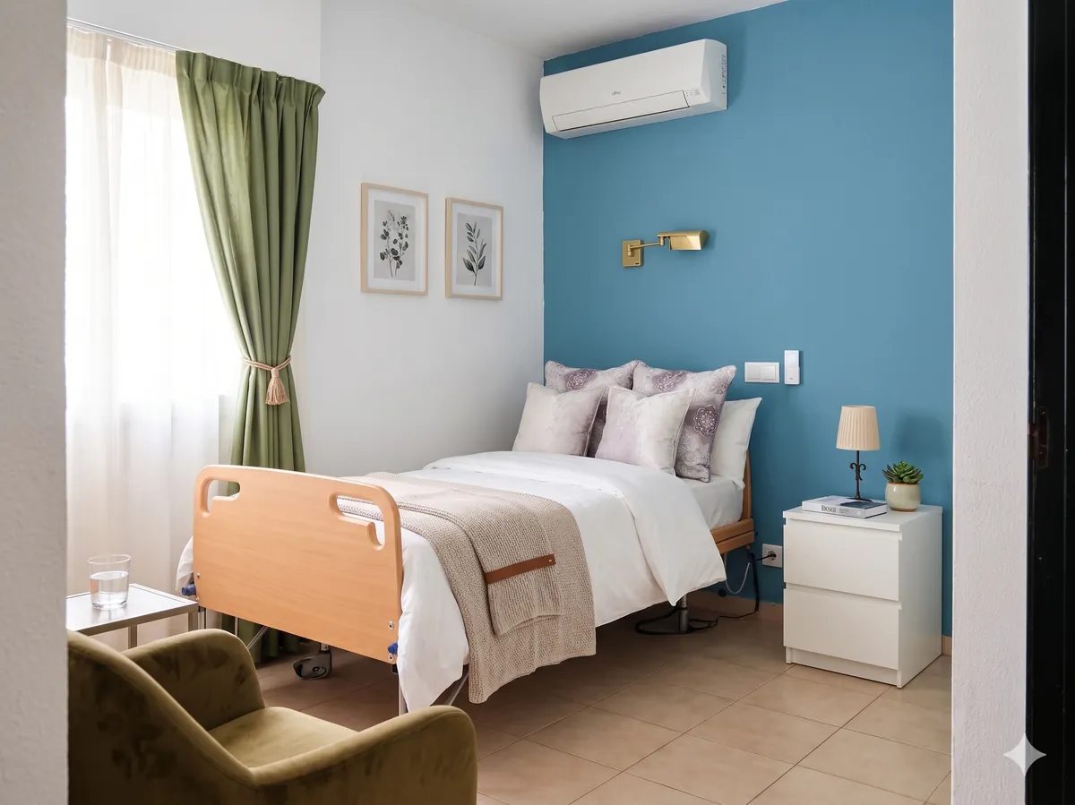 Suite individual con pared azul, cama y mesilla de noche